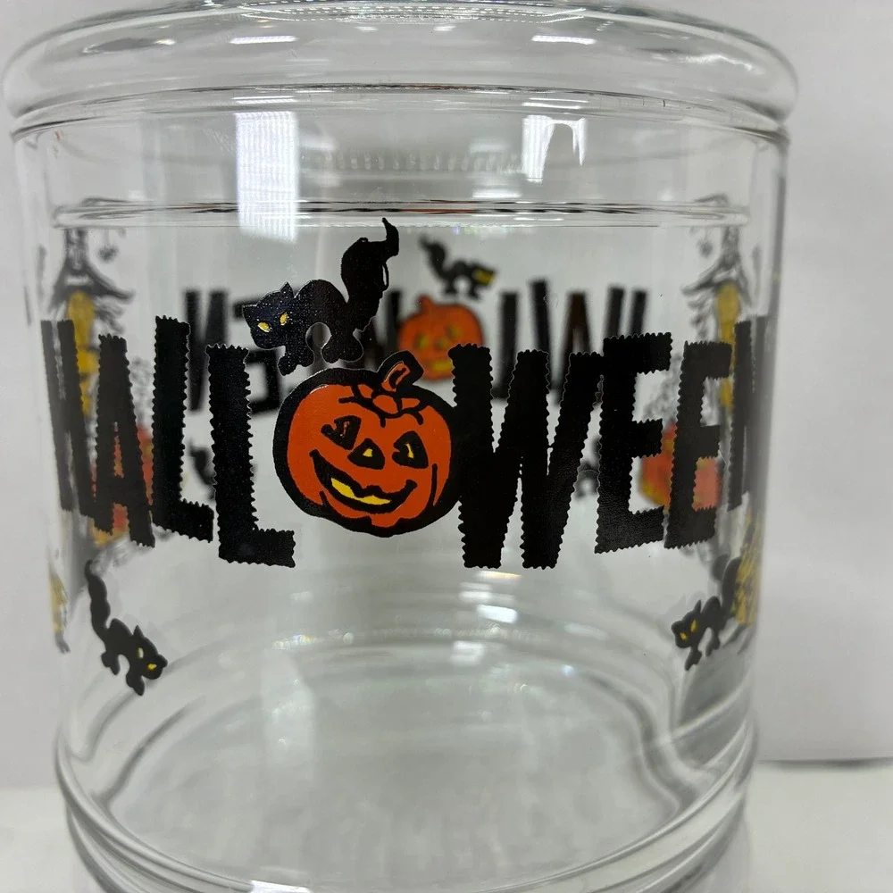 Vintage Halloween Glass Candy Jar Witch Black Cat Pumpkin Apothecary Canister